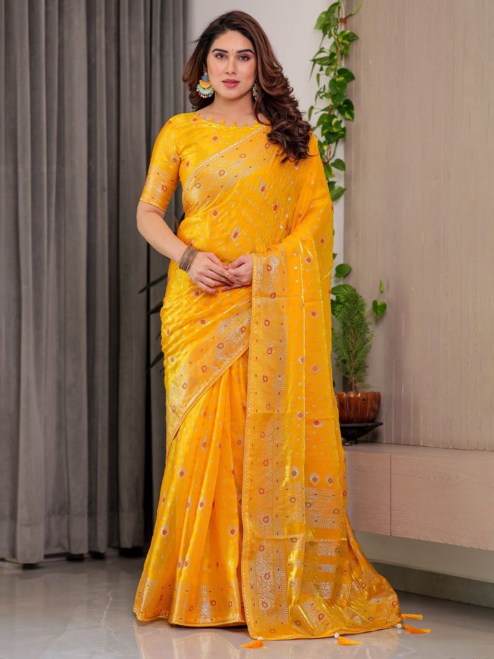 Mustard Yellow Fendi Satin Block & Foil Printed Saree with Traditional Butti Motifs, Tassel Edges & Attached Blouse