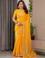 Mustard Yellow Fendi Satin Block & Foil Printed Saree with Traditional Butti Motifs, Tassel Edges & Attached Blouse