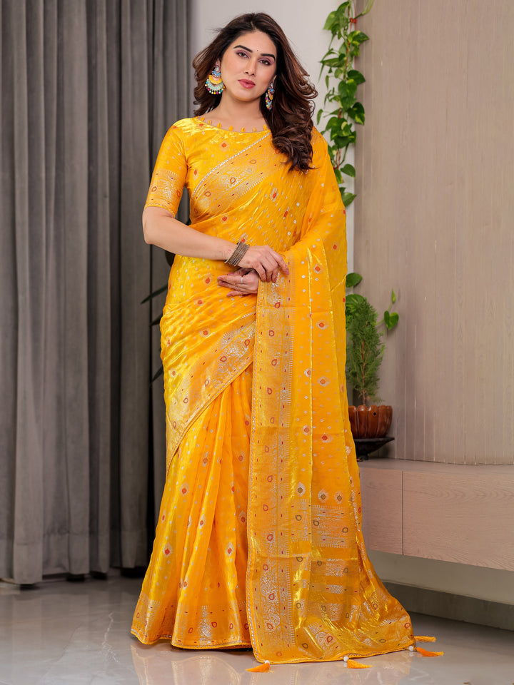 Mustard Yellow Fendi Satin Block & Foil Printed Saree with Traditional Butti Motifs, Tassel Edges & Attached Blouse