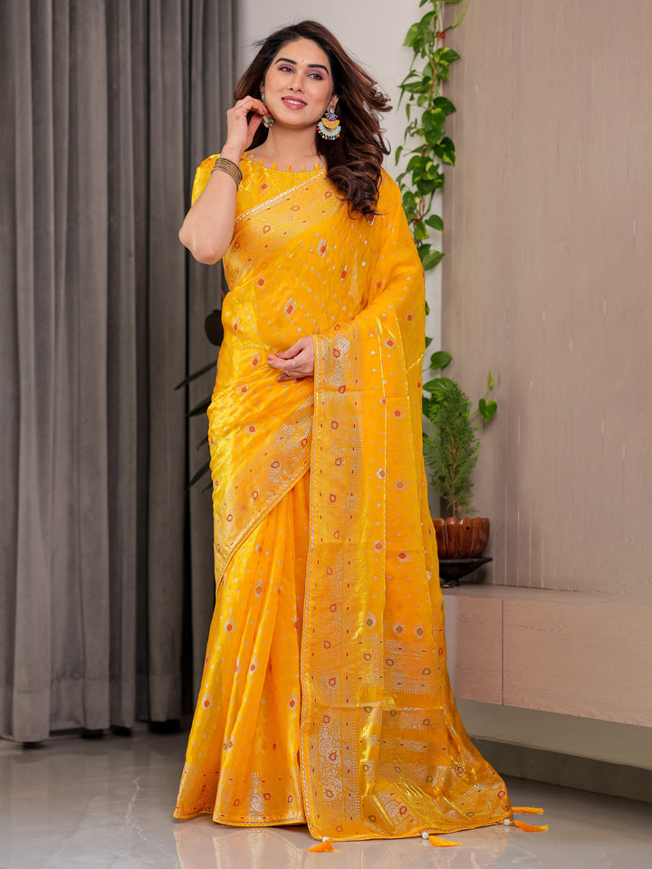 Mustard Yellow Fendi Satin Block & Foil Printed Saree with Traditional Butti Motifs, Tassel Edges & Attached Blouse