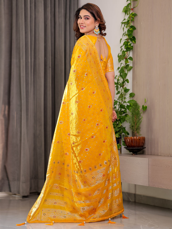 Mustard Yellow Fendi Satin Block & Foil Printed Saree with Traditional Butti Motifs, Tassel Edges & Attached Blouse