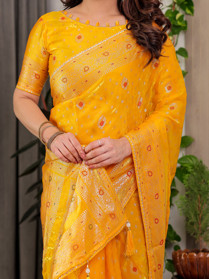 Mustard Yellow Fendi Satin Block & Foil Printed Saree with Traditional Butti Motifs, Tassel Edges & Attached Blouse