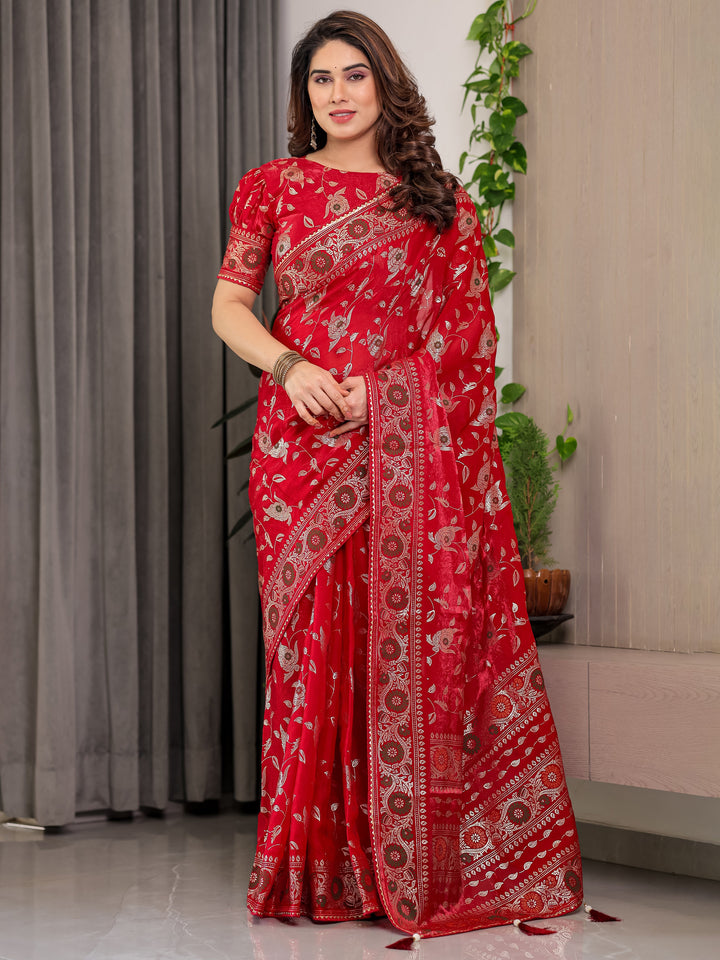 Crimson Red Fendi Satin Floral Block & Foil Printed Saree with Ornamental Border, Tassel Edges & Attached Blouse