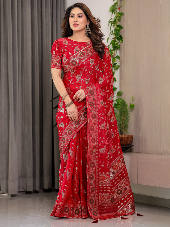 Crimson Red Fendi Satin Floral Block & Foil Printed Saree with Ornamental Border, Tassel Edges & Attached Blouse
