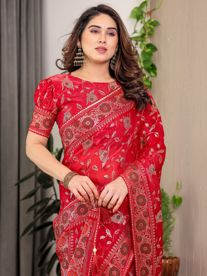 Crimson Red Fendi Satin Floral Block & Foil Printed Saree with Ornamental Border, Tassel Edges & Attached Blouse