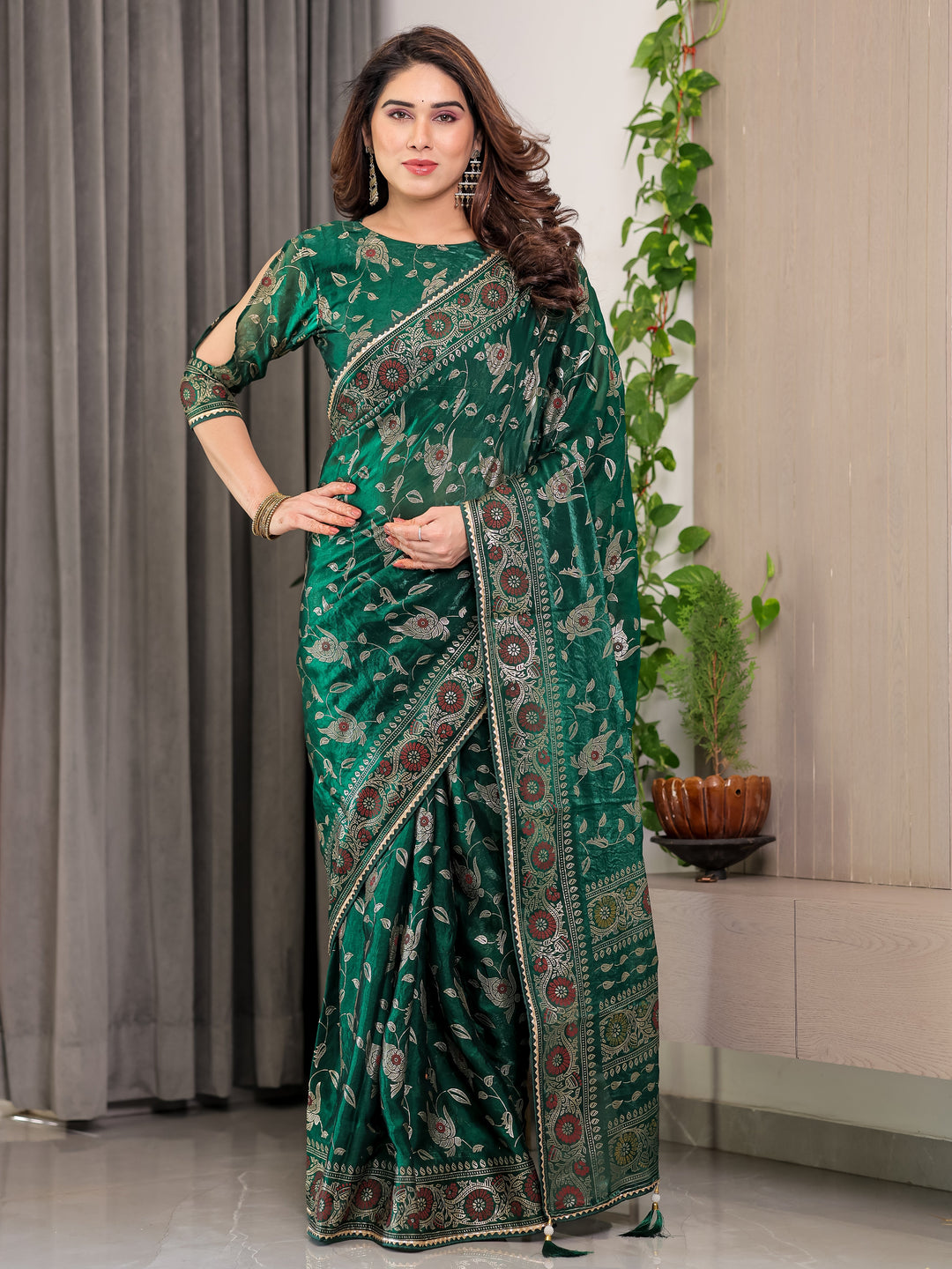 Emerald Green Fendi Satin Floral Block & Foil Printed Saree with Ornamental Border, Tassel Edges & Attached Blouse