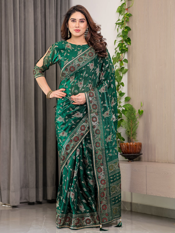 Emerald Green Fendi Satin Floral Block & Foil Printed Saree with Ornamental Border, Tassel Edges & Attached Blouse