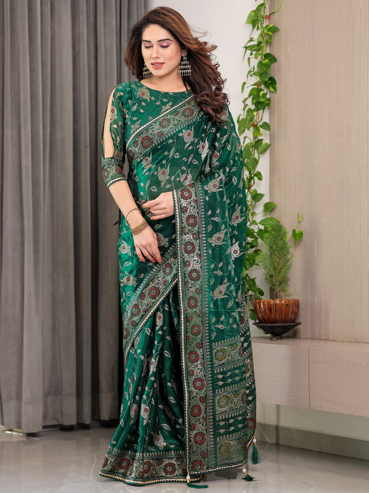 Emerald Green Fendi Satin Floral Block & Foil Printed Saree with Ornamental Border, Tassel Edges & Attached Blouse