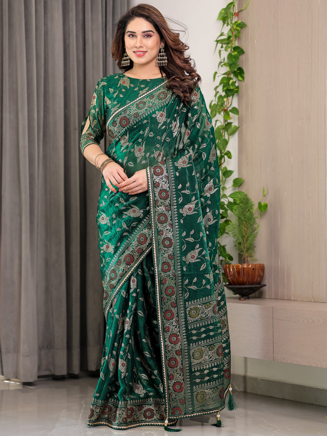 Emerald Green Fendi Satin Floral Block & Foil Printed Saree with Ornamental Border, Tassel Edges & Attached Blouse