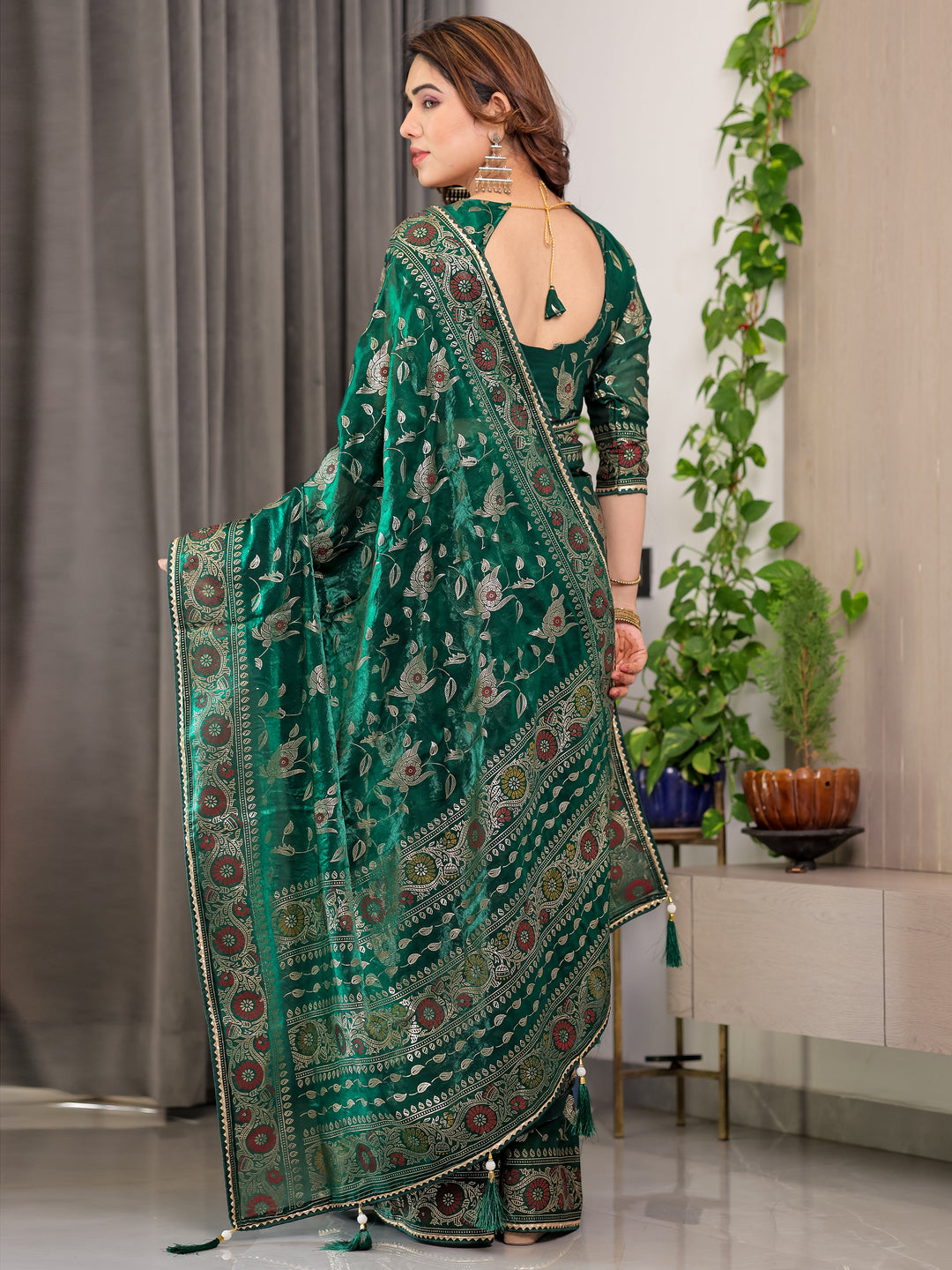 Emerald Green Fendi Satin Floral Block & Foil Printed Saree with Ornamental Border, Tassel Edges & Attached Blouse