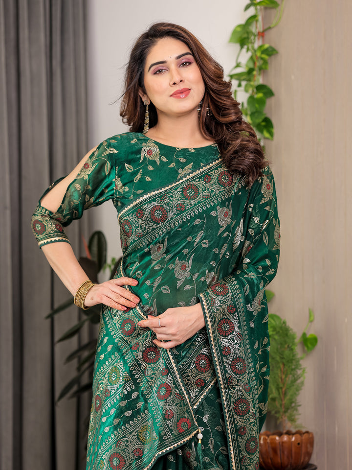 Emerald Green Fendi Satin Floral Block & Foil Printed Saree with Ornamental Border, Tassel Edges & Attached Blouse