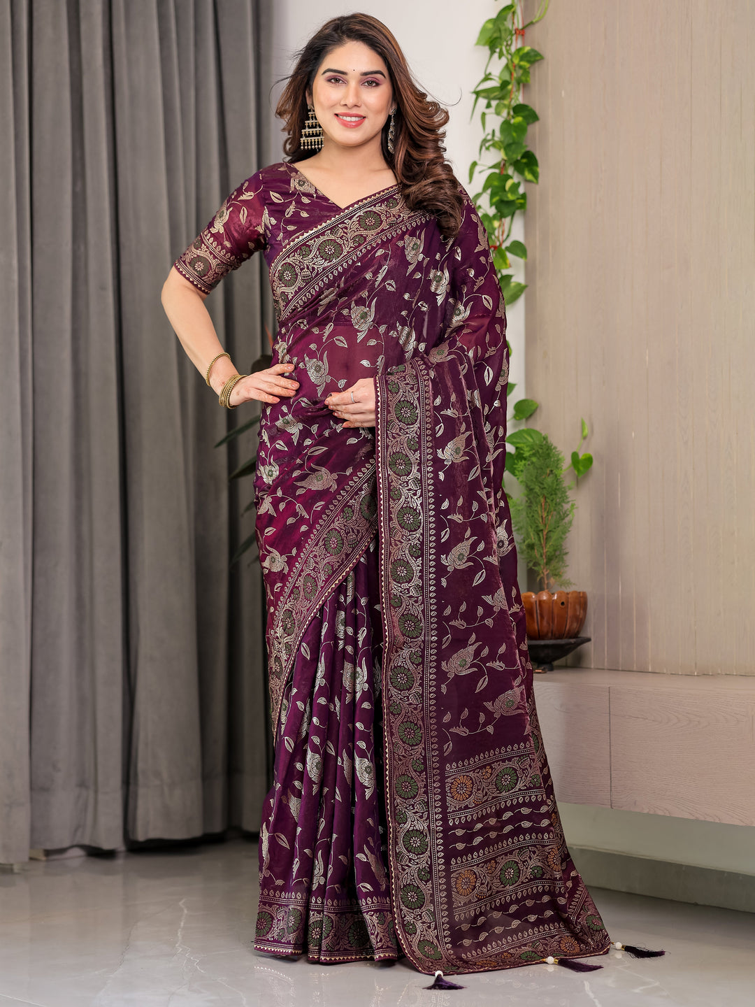 Plum Purple Fendi Satin Floral Block & Foil Printed Saree with Ornamental Border, Tassel Edges & Attached Blouse