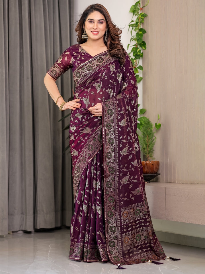 Plum Purple Fendi Satin Floral Block & Foil Printed Saree with Ornamental Border, Tassel Edges & Attached Blouse