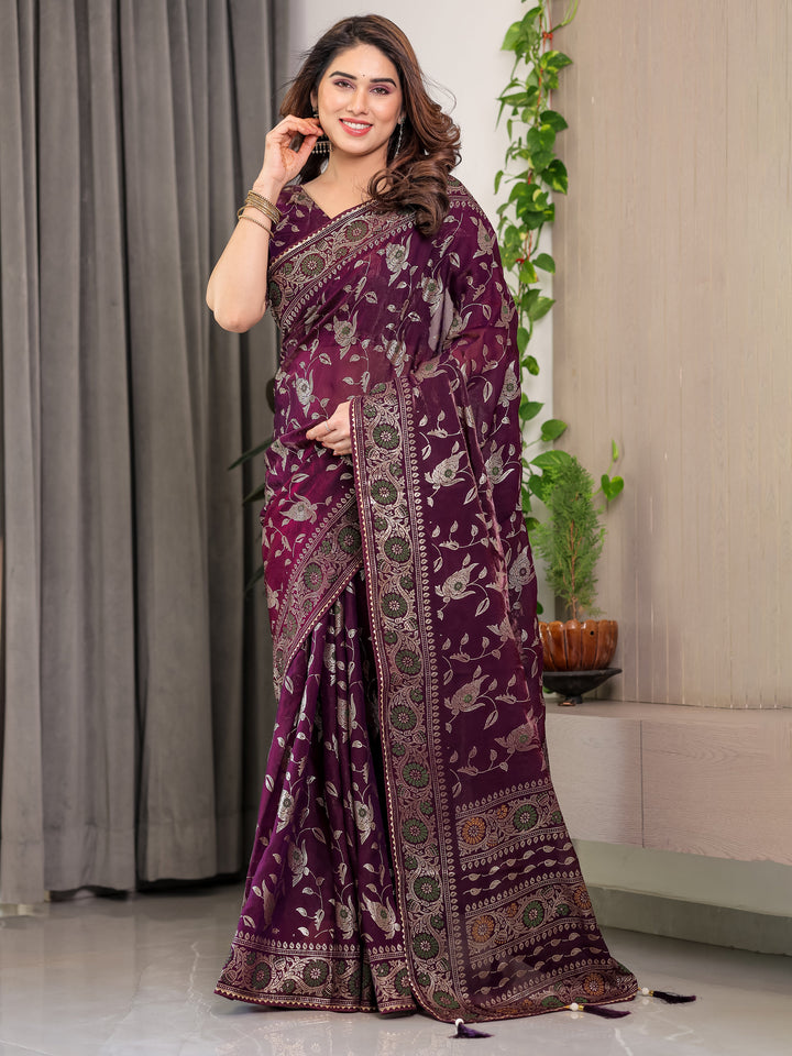 Plum Purple Fendi Satin Floral Block & Foil Printed Saree with Ornamental Border, Tassel Edges & Attached Blouse