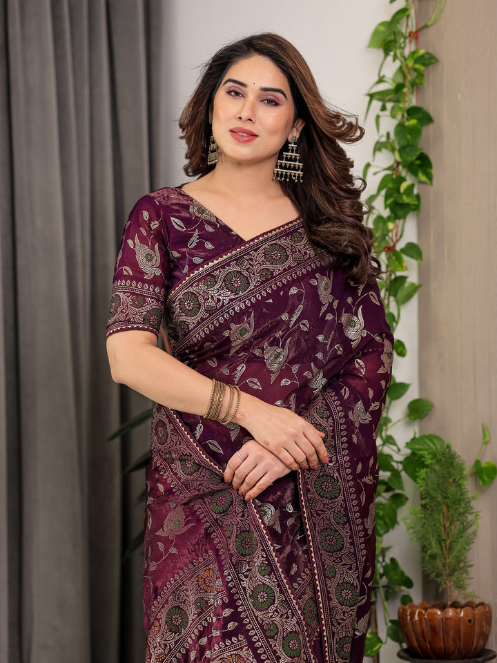 Plum Purple Fendi Satin Floral Block & Foil Printed Saree with Ornamental Border, Tassel Edges & Attached Blouse
