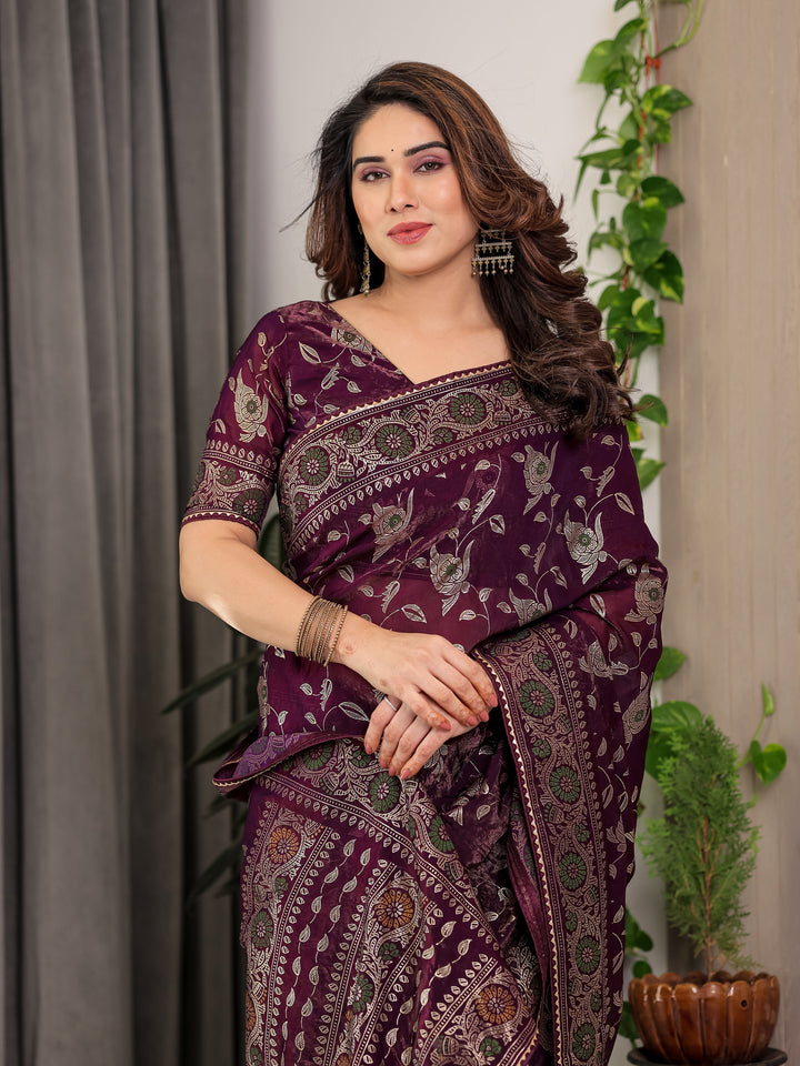Plum Purple Fendi Satin Floral Block & Foil Printed Saree with Ornamental Border, Tassel Edges & Attached Blouse