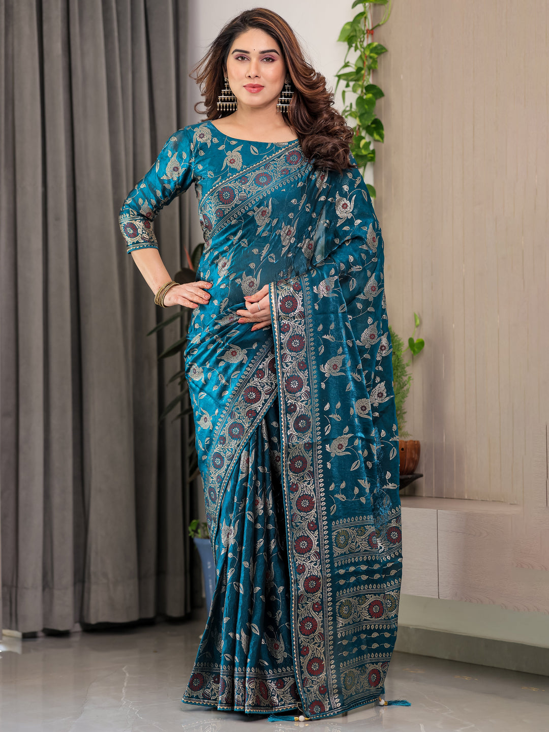 Peacock Blue Fendi Satin Floral Block & Foil Printed Saree with Ornamental Border, Tassel Edges & Attached Blouse