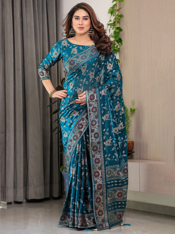 Peacock Blue Fendi Satin Floral Block & Foil Printed Saree with Ornamental Border, Tassel Edges & Attached Blouse