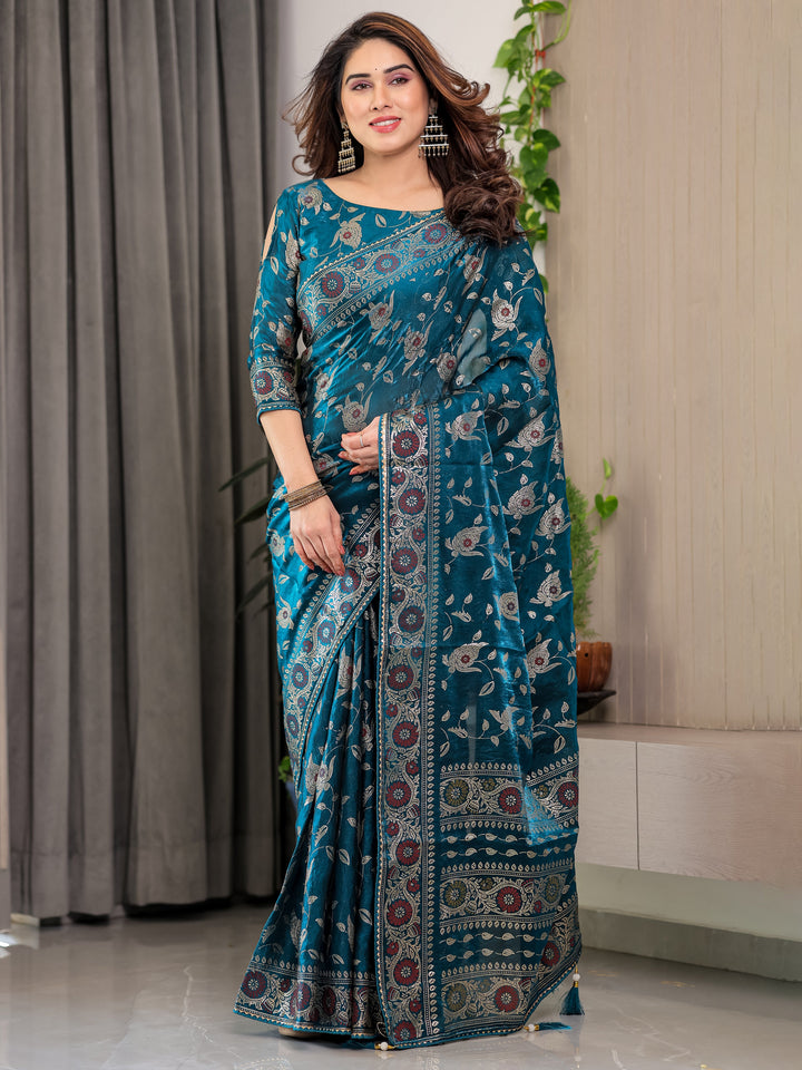 Peacock Blue Fendi Satin Floral Block & Foil Printed Saree with Ornamental Border, Tassel Edges & Attached Blouse