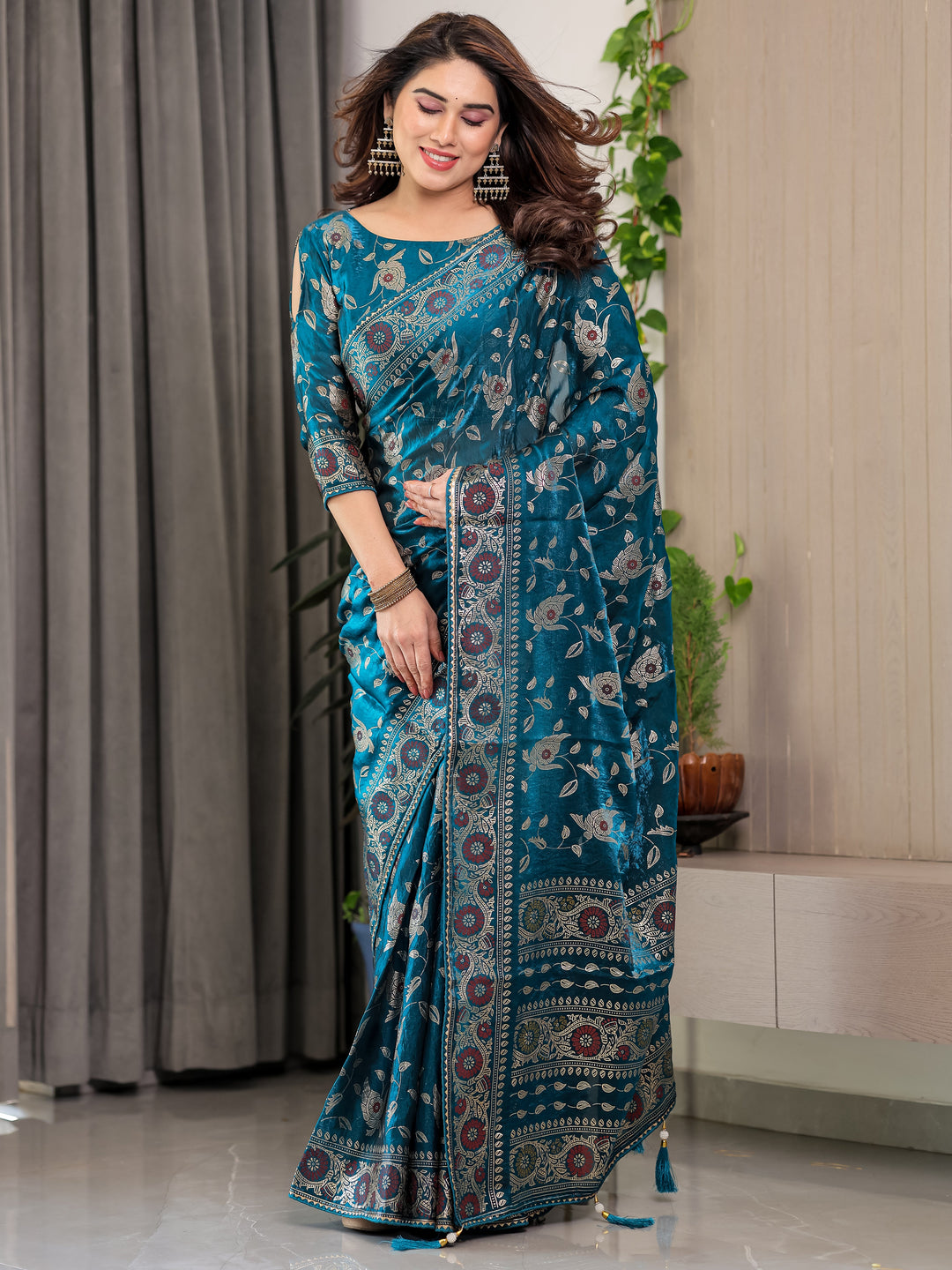 Peacock Blue Fendi Satin Floral Block & Foil Printed Saree with Ornamental Border, Tassel Edges & Attached Blouse