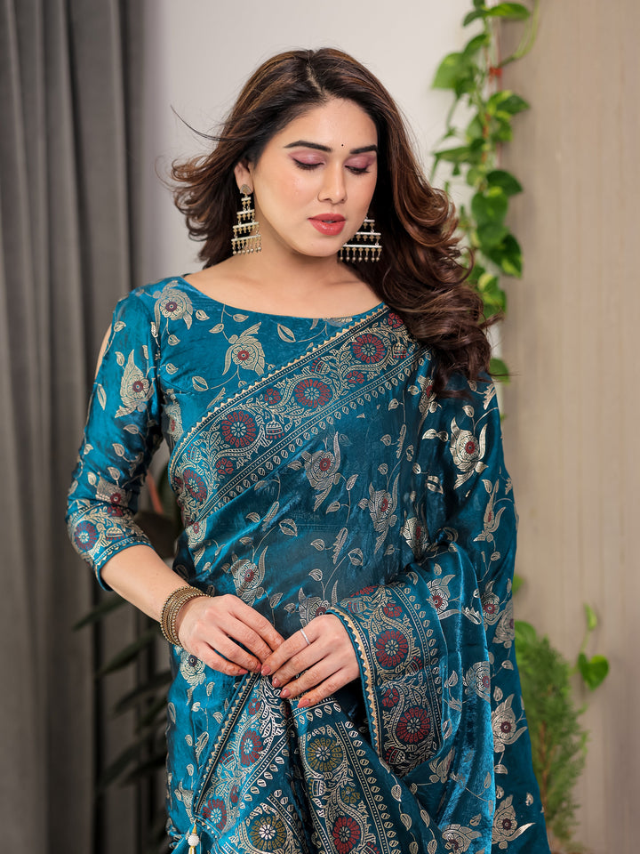 Peacock Blue Fendi Satin Floral Block & Foil Printed Saree with Ornamental Border, Tassel Edges & Attached Blouse