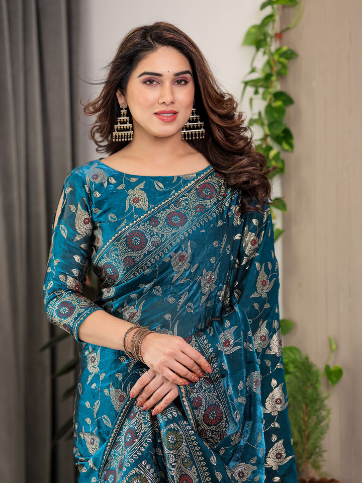 Peacock Blue Fendi Satin Floral Block & Foil Printed Saree with Ornamental Border, Tassel Edges & Attached Blouse