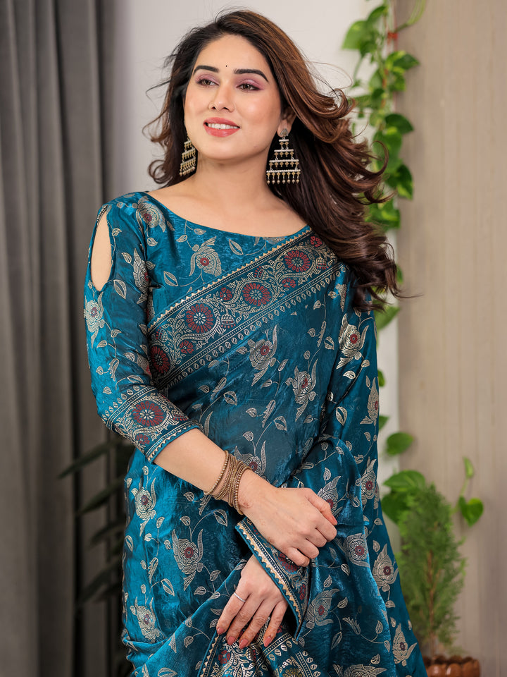 Peacock Blue Fendi Satin Floral Block & Foil Printed Saree with Ornamental Border, Tassel Edges & Attached Blouse