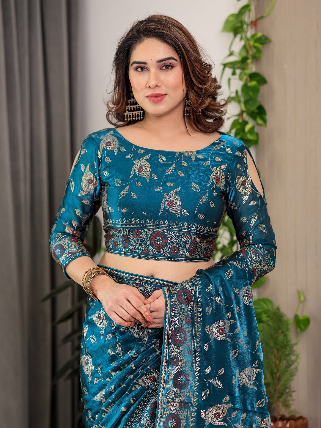 Peacock Blue Fendi Satin Floral Block & Foil Printed Saree with Ornamental Border, Tassel Edges & Attached Blouse