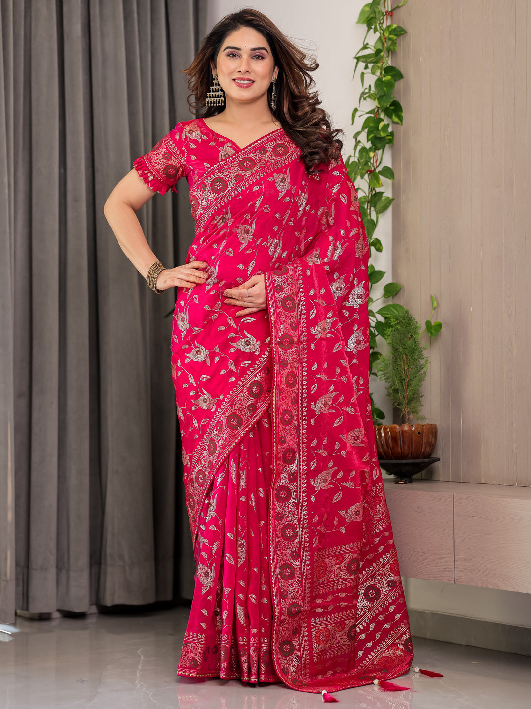 Magenta Pink Fendi Satin Floral Block & Foil Printed Saree with Ornamental Border, Tassel Edges & Attached Blouse