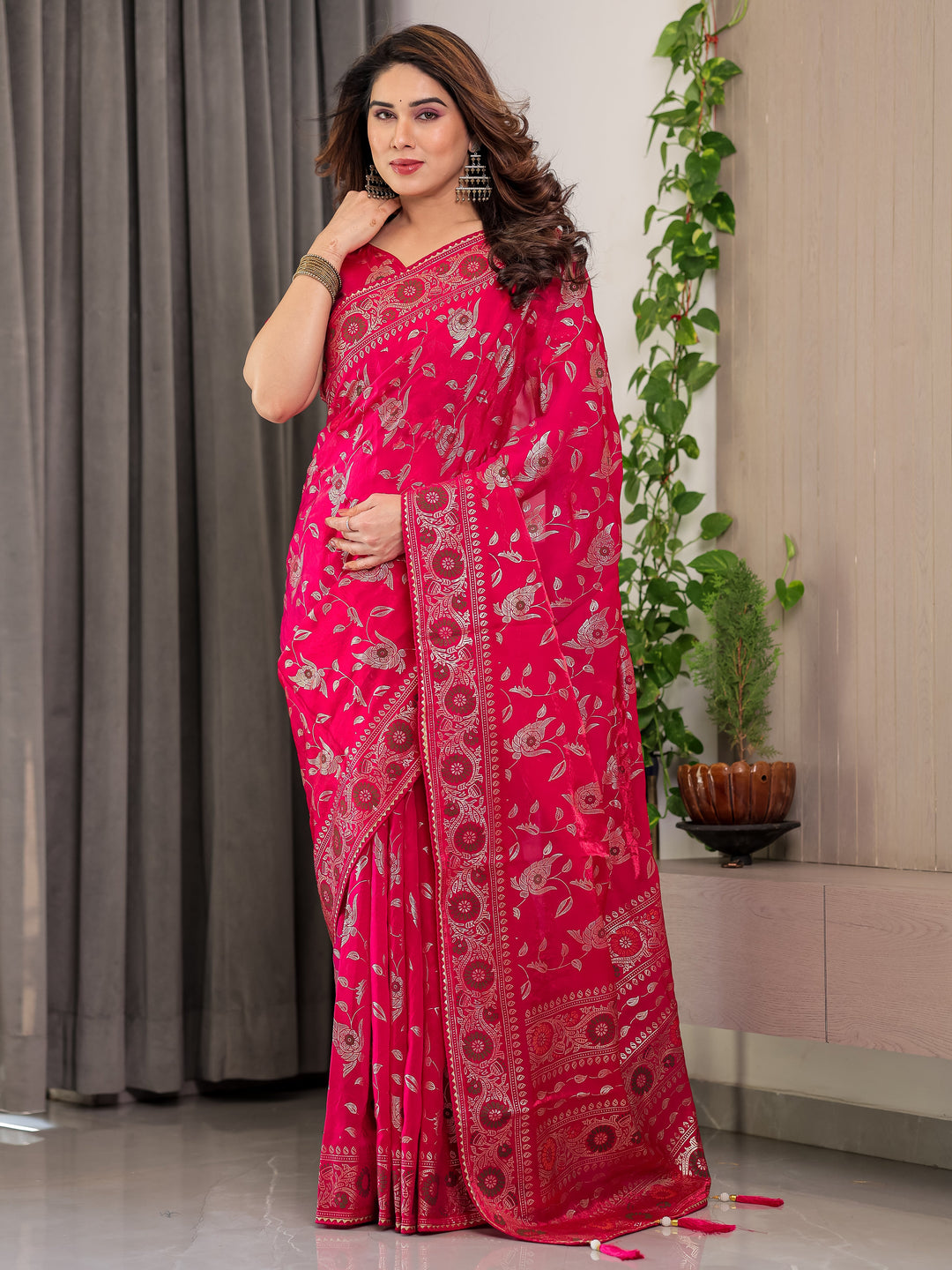 Magenta Pink Fendi Satin Floral Block & Foil Printed Saree with Ornamental Border, Tassel Edges & Attached Blouse