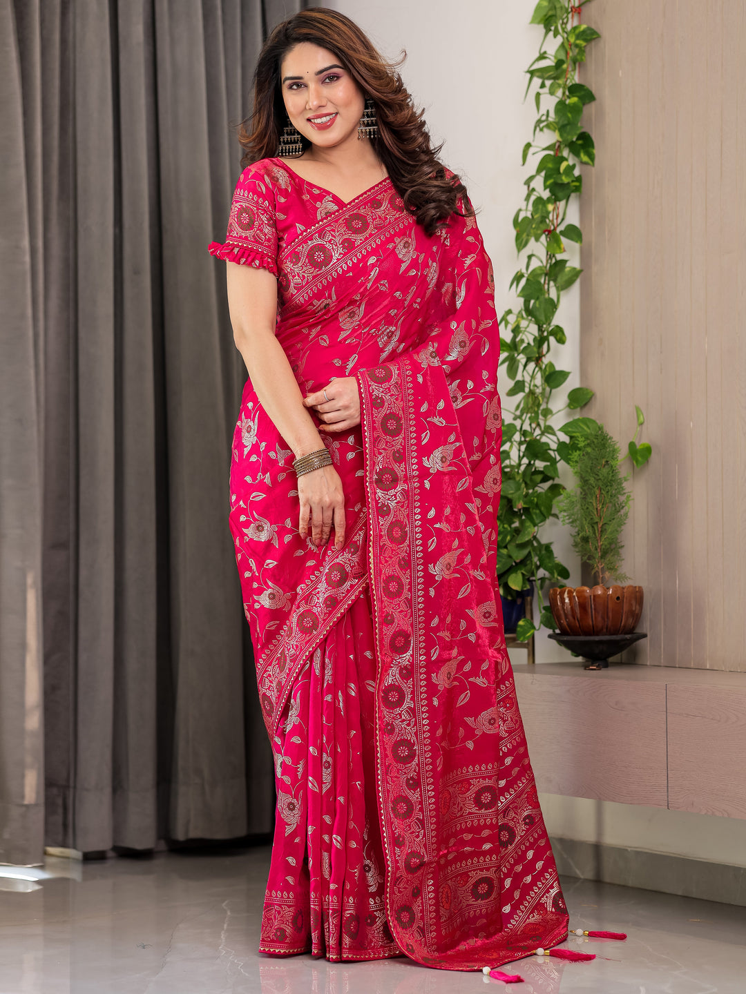 Magenta Pink Fendi Satin Floral Block & Foil Printed Saree with Ornamental Border, Tassel Edges & Attached Blouse