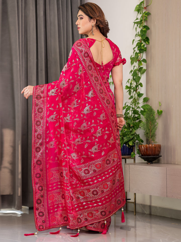 Magenta Pink Fendi Satin Floral Block & Foil Printed Saree with Ornamental Border, Tassel Edges & Attached Blouse