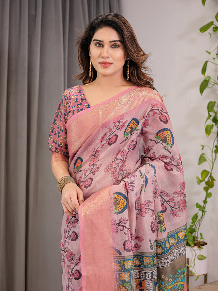 Dusty Rose Cotton Linen Saree with Floral Motifs & Radha Krishna Digital Pallu | Zari Border | With Blouse