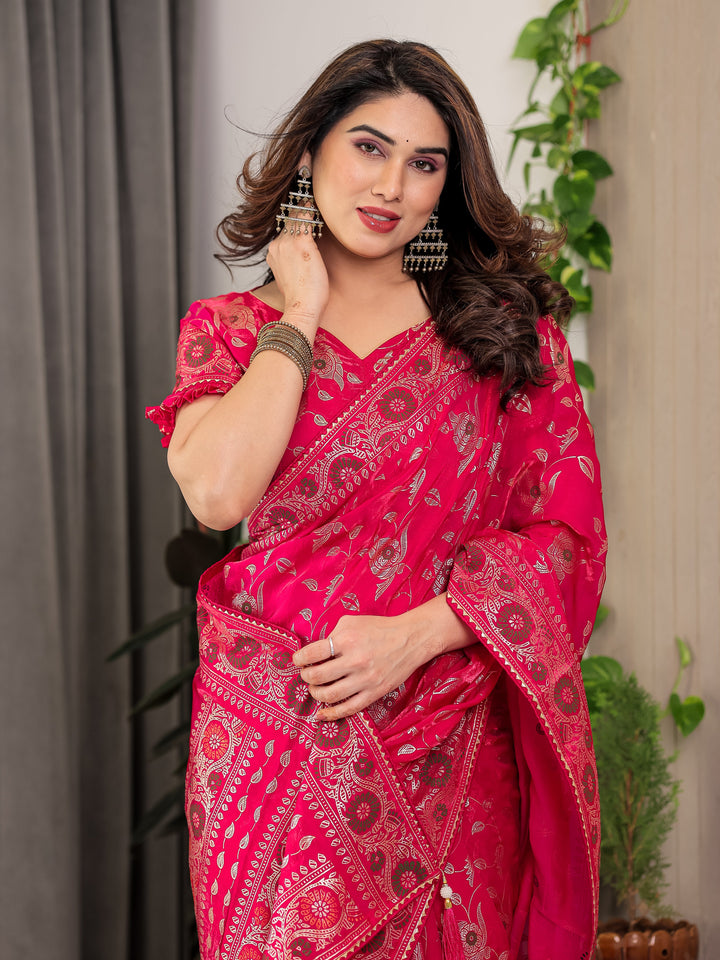 Magenta Pink Fendi Satin Floral Block & Foil Printed Saree with Ornamental Border, Tassel Edges & Attached Blouse