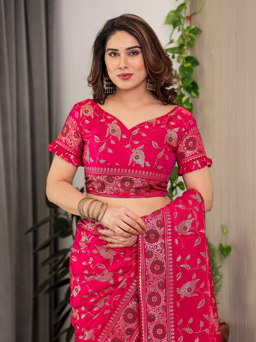 Magenta Pink Fendi Satin Floral Block & Foil Printed Saree with Ornamental Border, Tassel Edges & Attached Blouse