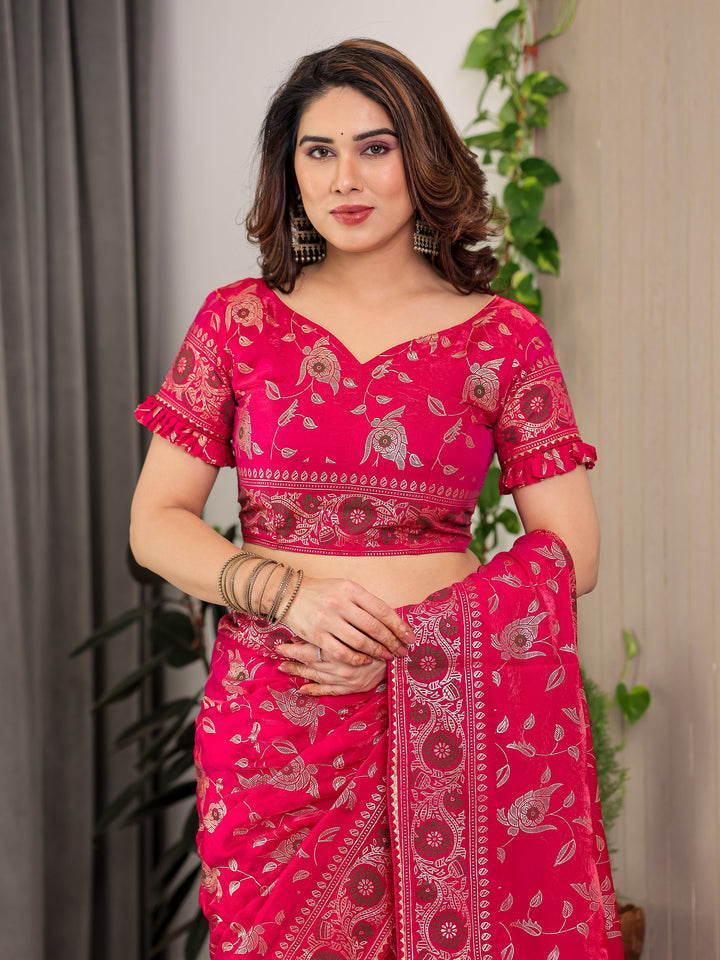 Magenta Pink Fendi Satin Floral Block & Foil Printed Saree with Ornamental Border, Tassel Edges & Attached Blouse