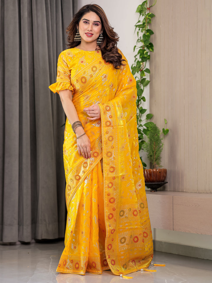 Sunshine Yellow Fendi Satin Floral Block & Foil Printed Saree with Ornamental Border, Tassel Edges & Attached Blouse