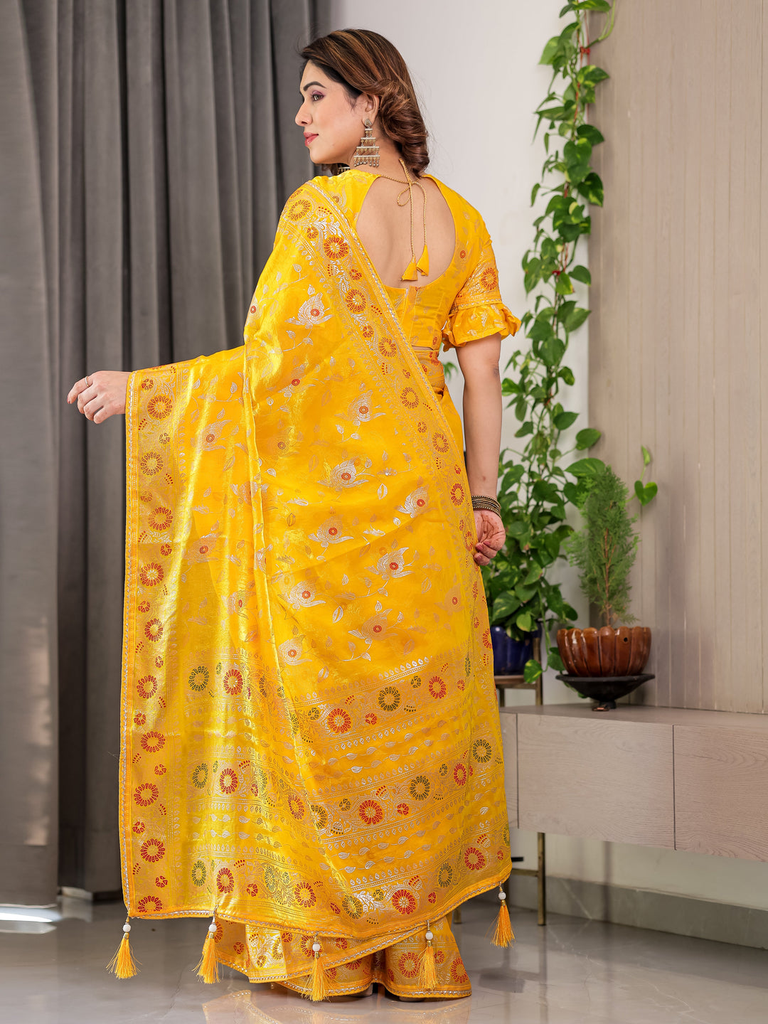 Sunshine Yellow Fendi Satin Floral Block & Foil Printed Saree with Ornamental Border, Tassel Edges & Attached Blouse