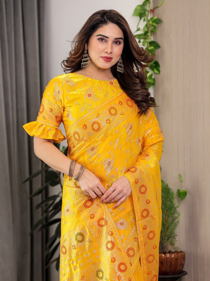 Sunshine Yellow Fendi Satin Floral Block & Foil Printed Saree with Ornamental Border, Tassel Edges & Attached Blouse