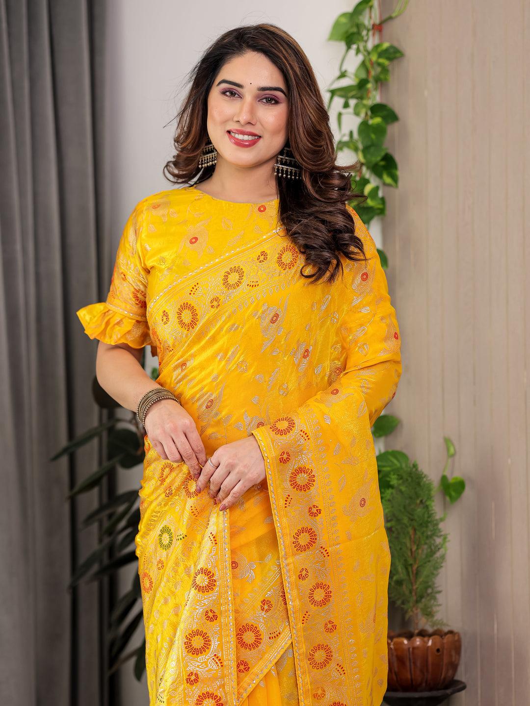 Sunshine Yellow Fendi Satin Floral Block & Foil Printed Saree with Ornamental Border, Tassel Edges & Attached Blouse