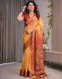 Yellow & Rust Cotton Linen Saree with Zari Border & Majestic Peacock Digital Pallu | With Blouse Piece