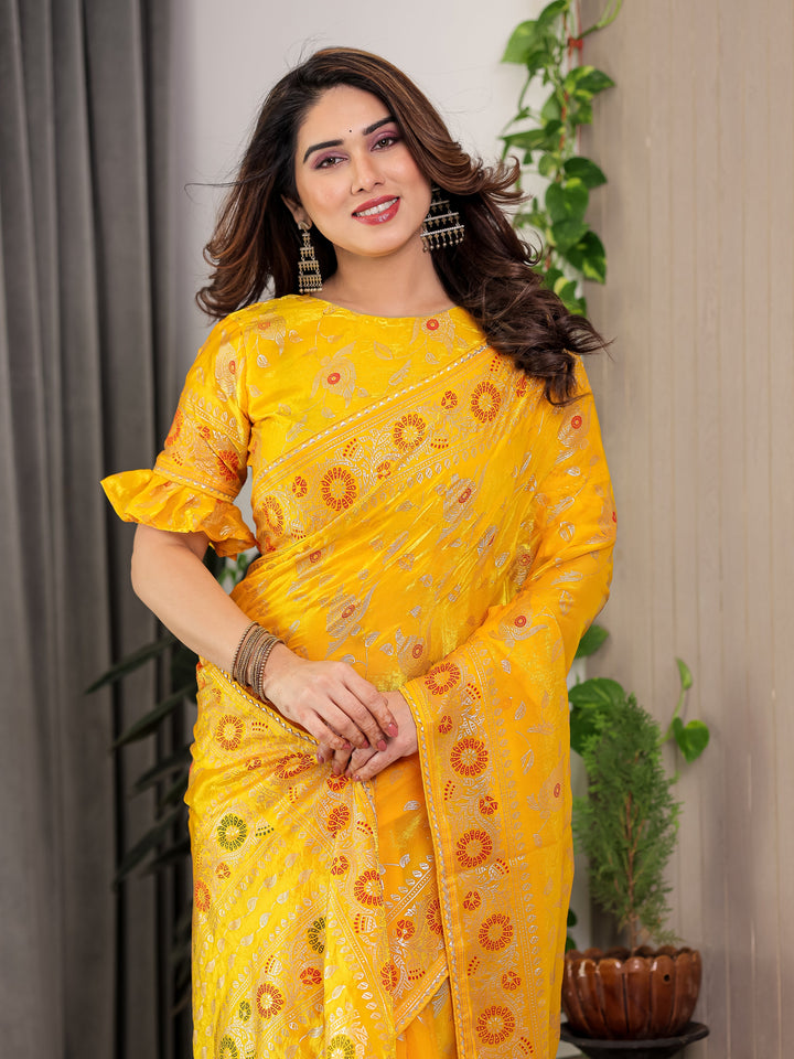 Sunshine Yellow Fendi Satin Floral Block & Foil Printed Saree with Ornamental Border, Tassel Edges & Attached Blouse
