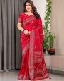 Bridal Red Fendi Satin Floral Block & Foil Printed Saree with Ornamental Border, Tassel Edges & Attached Blouse