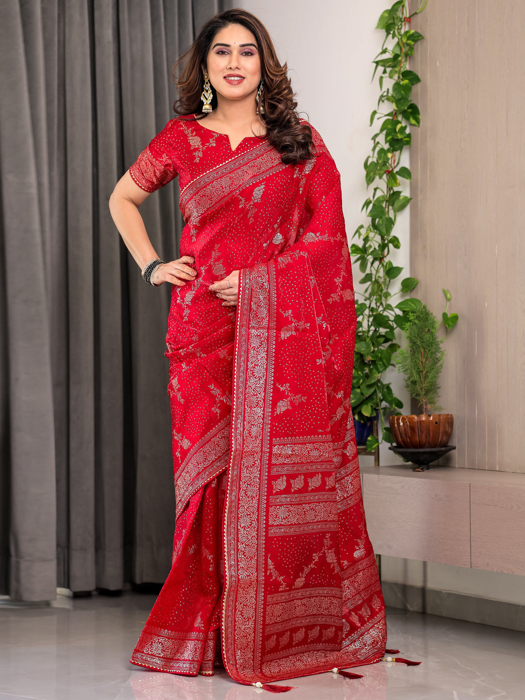 Bridal Red Fendi Satin Floral Block & Foil Printed Saree with Ornamental Border, Tassel Edges & Attached Blouse