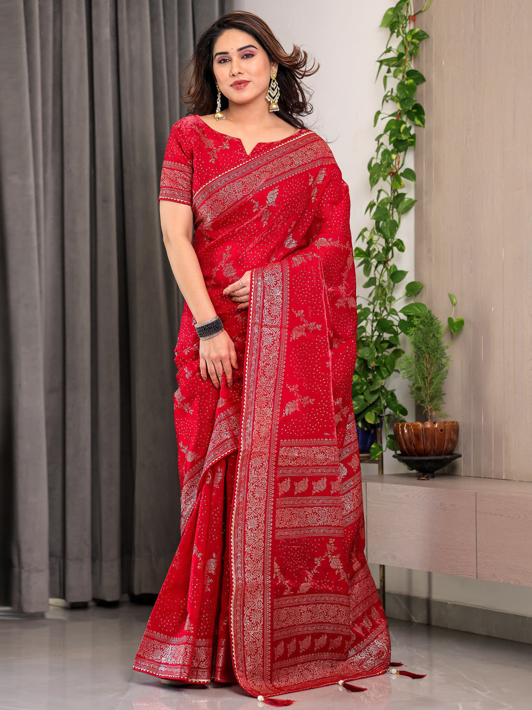 Bridal Red Fendi Satin Floral Block & Foil Printed Saree with Ornamental Border, Tassel Edges & Attached Blouse