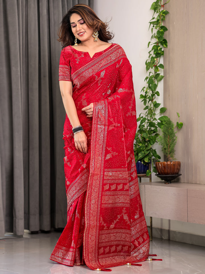 Bridal Red Fendi Satin Floral Block & Foil Printed Saree with Ornamental Border, Tassel Edges & Attached Blouse