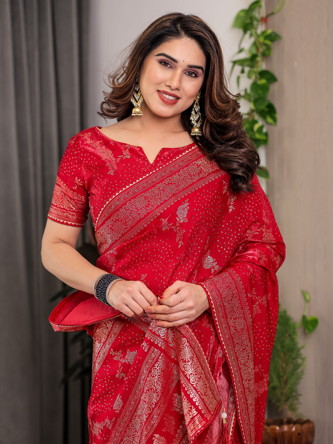 Bridal Red Fendi Satin Floral Block & Foil Printed Saree with Ornamental Border, Tassel Edges & Attached Blouse