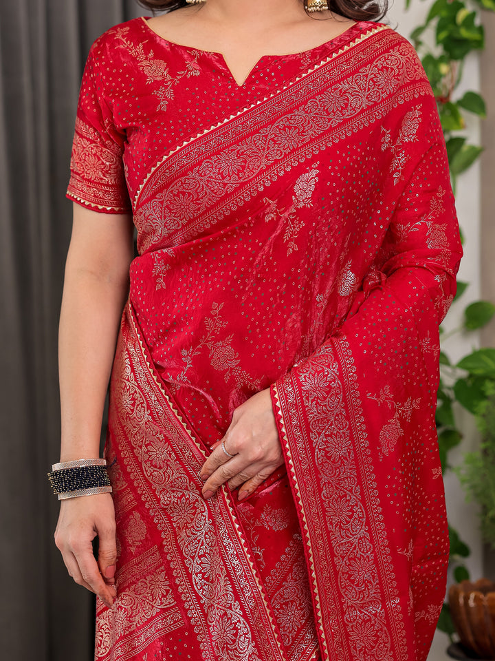 Bridal Red Fendi Satin Floral Block & Foil Printed Saree with Ornamental Border, Tassel Edges & Attached Blouse