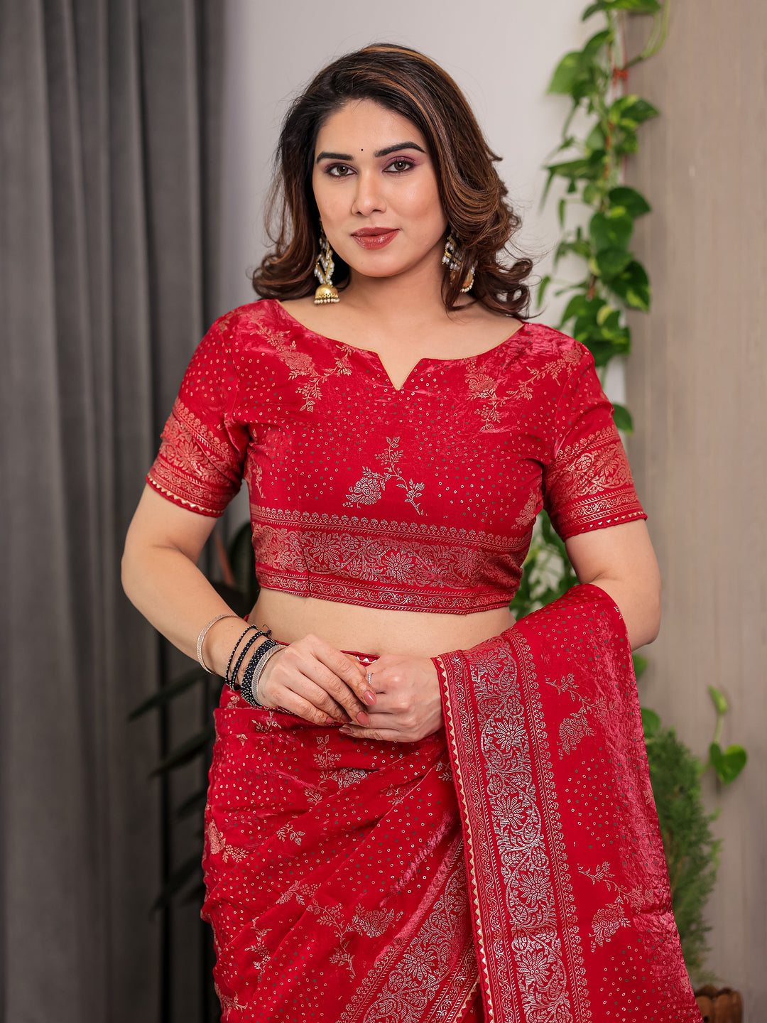 Bridal Red Fendi Satin Floral Block & Foil Printed Saree with Ornamental Border, Tassel Edges & Attached Blouse