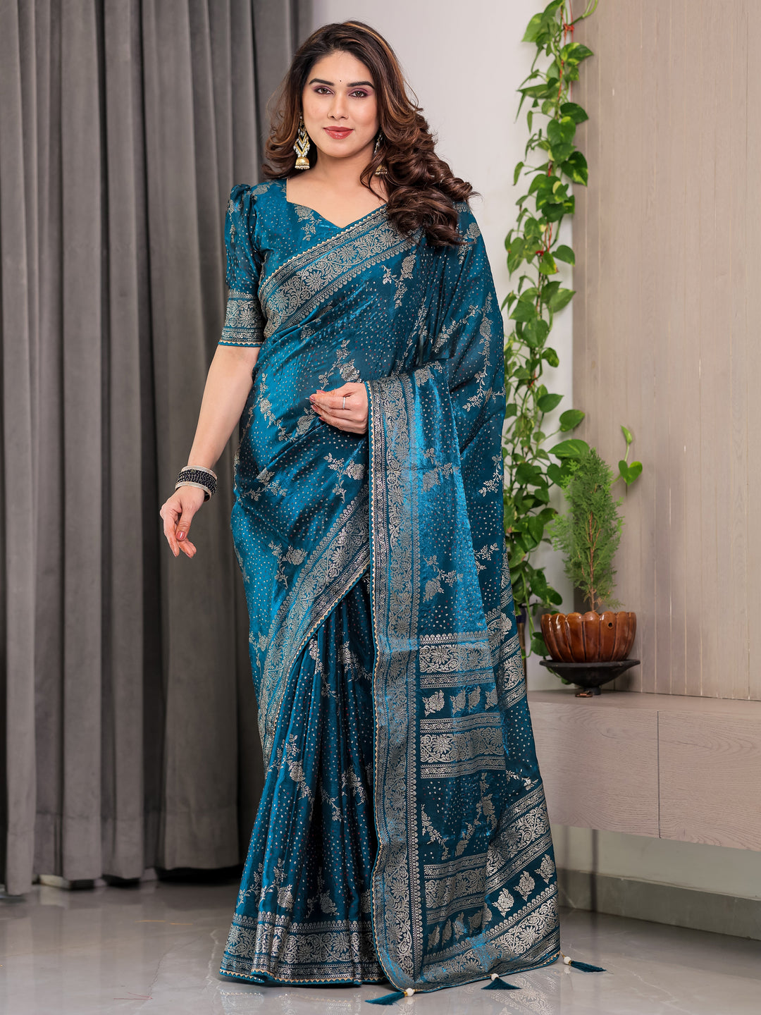 Teal Blue Fendi Satin Floral Block & Foil Printed Saree with Ornamental Border, Tassel Edges & Attached Blouse